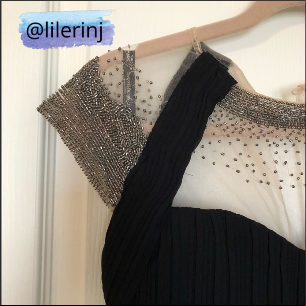 LITTLE MISTRESS DRESS LBD SHEER BEADED NECKLINE BLACK UK 10 / US 6